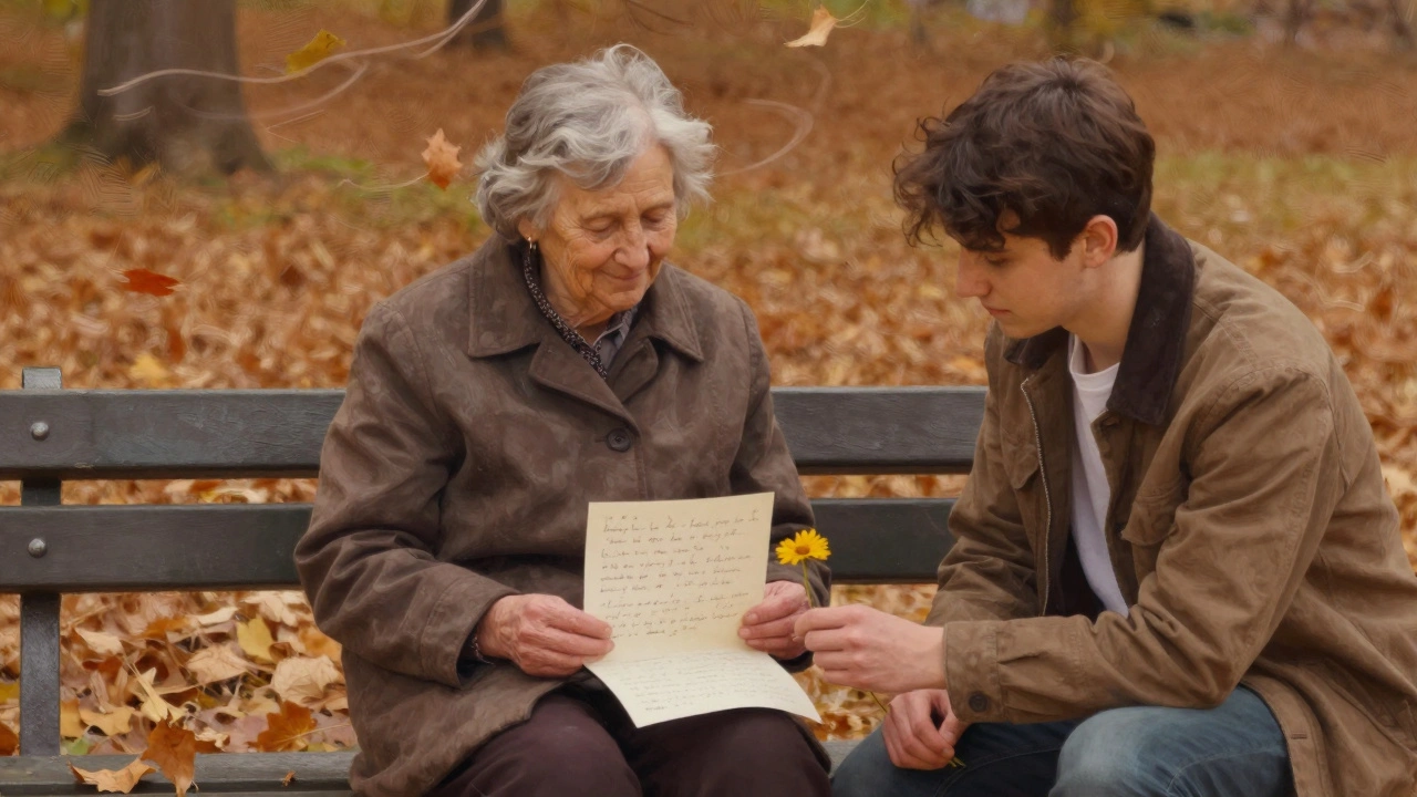 Пожилая женщина сидит на скамейке, молодой человек кладёт ей в колени полевой цветок.